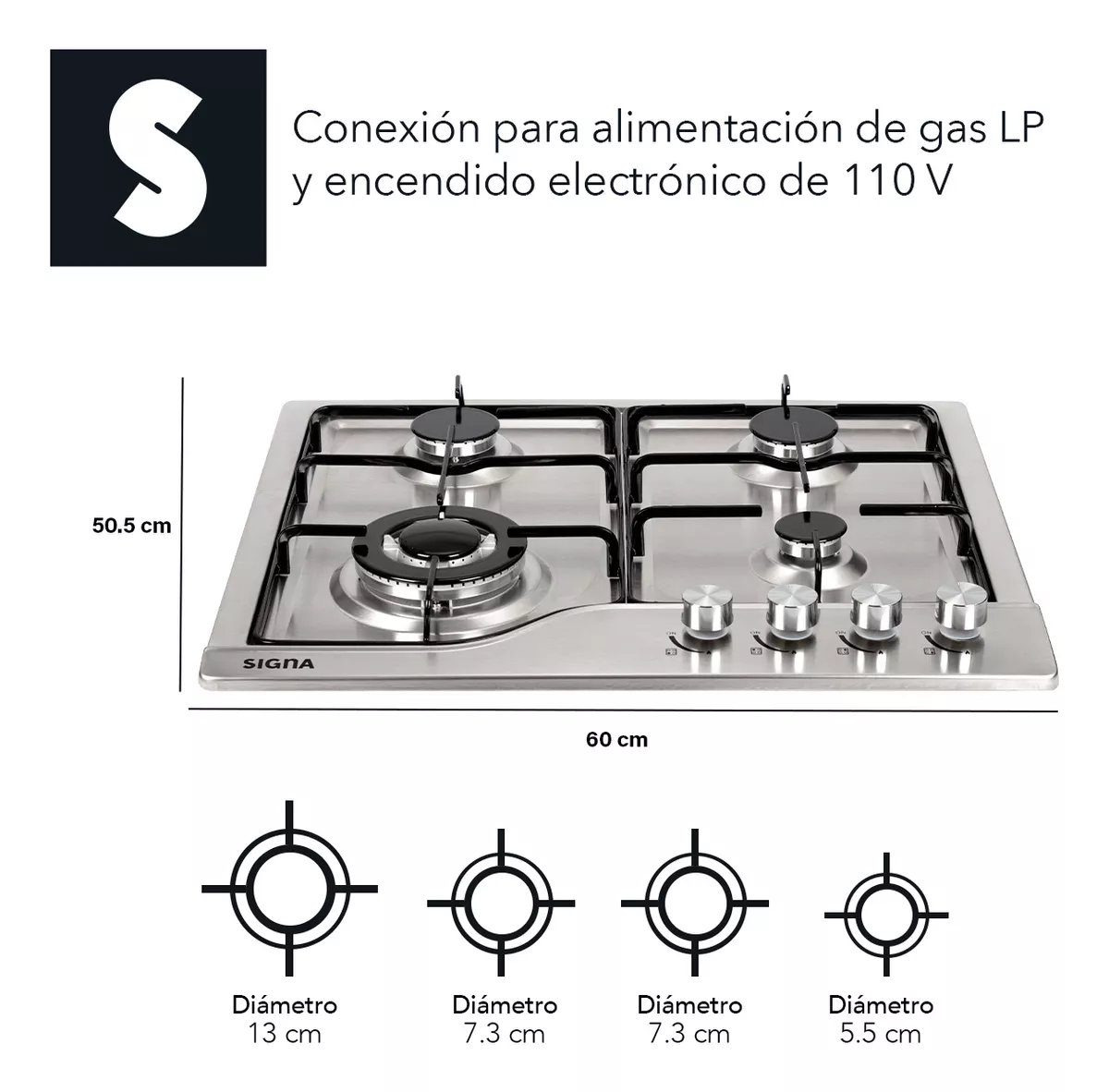 Parrilla Estufa Empotrable 4 Quemadores Gas Acero Inoxidable