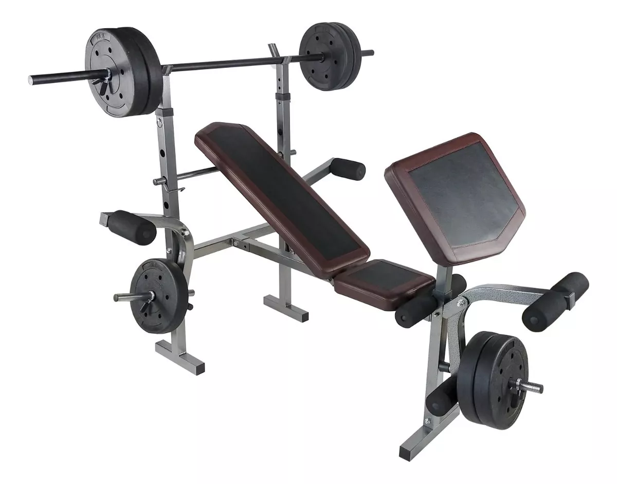Banco Multiposiciones Kit Discos Gym Pesas Ejercicio Barra