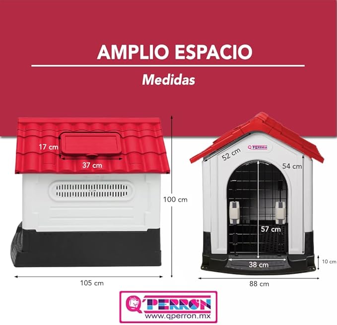 Q PERRON Casa para Perros Grande de Plástico con Puerta Métalica de 105 X 88 X 100 Cm. Amplia, Térmica, Impermeable con Ventilación, Piso Elevado, Fácil de Limpiar y Armar, Plegable.