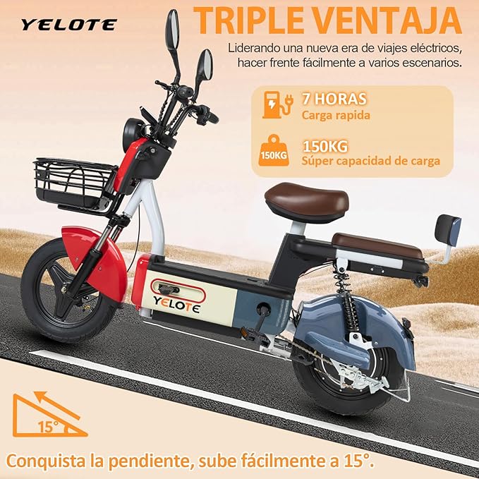 YELOTE Bicicleta Electrica Moto Electrica Velocidad Máxima 35KM/H,Autonomía 40-45KM,Baterías de Gran Capacidad de 20AH con Alarma