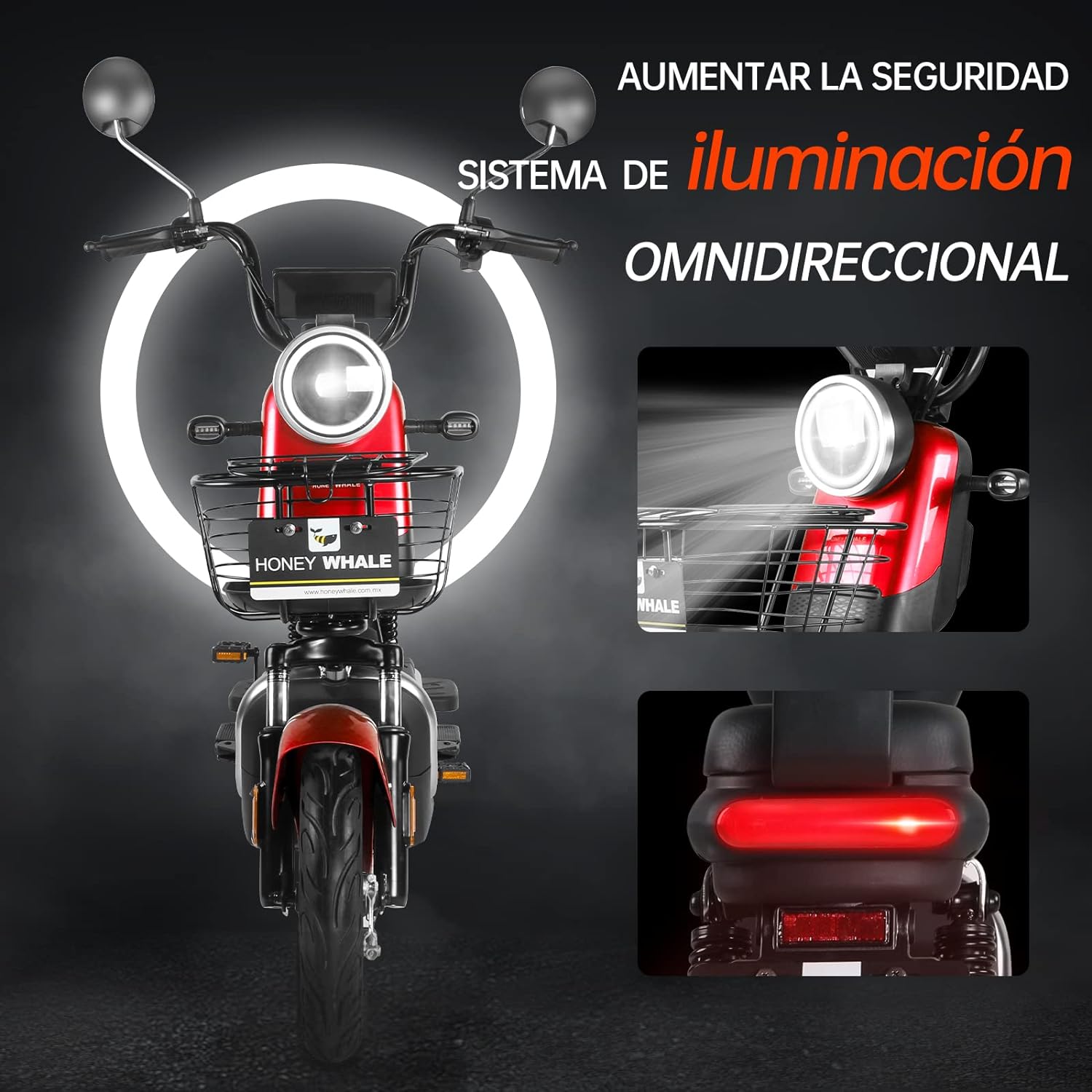 HONEYWHALE U3s Bicicleta eléctrica para adultos, bicicleta eléctrica con alarma, motor máximo 650W, velocidad máxima 31KM/H, autónoma 55-60KM, batería de gran capacidad 20AH, dos asientos----luces de coche