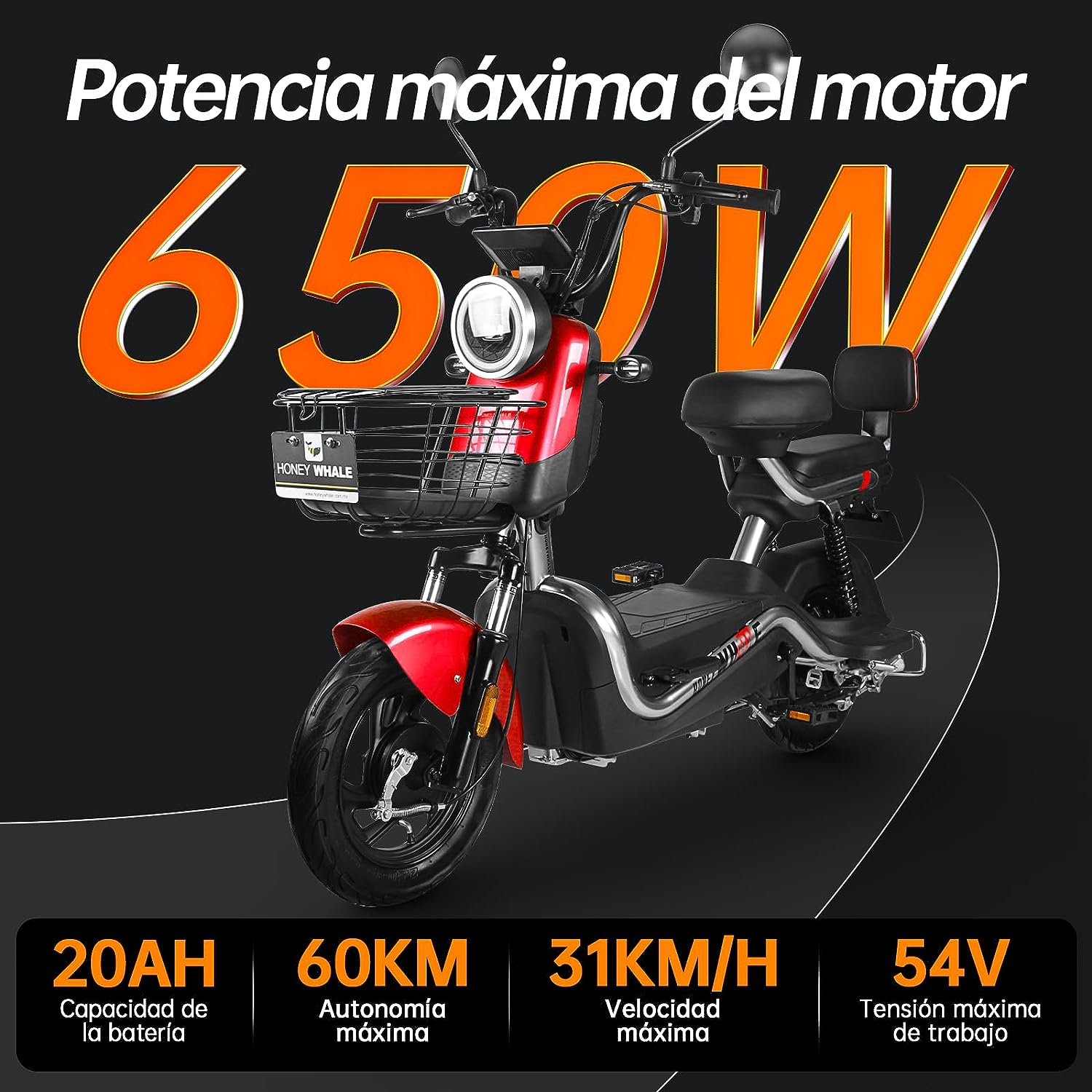 HONEYWHALE U3s Bicicleta eléctrica para adultos, bicicleta eléctrica con alarma, motor máximo 650W, velocidad máxima 31KM/H, autónoma 55-60KM, batería de gran capacidad 20AH, dos asientos----luces de coche