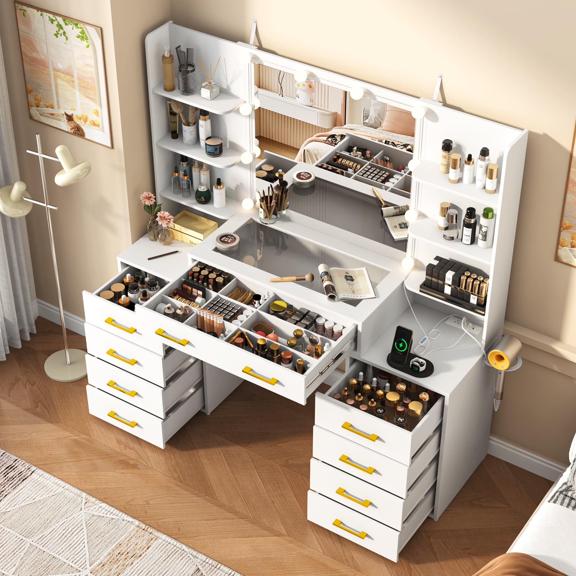 Tocador blanco con espejo y luces LED, tocador con tapa de cristal con estación de carga y cajones de almacenamiento con compartimentos, mesa de tocador de maquillaje grande con 9 cajones y 6 estantes