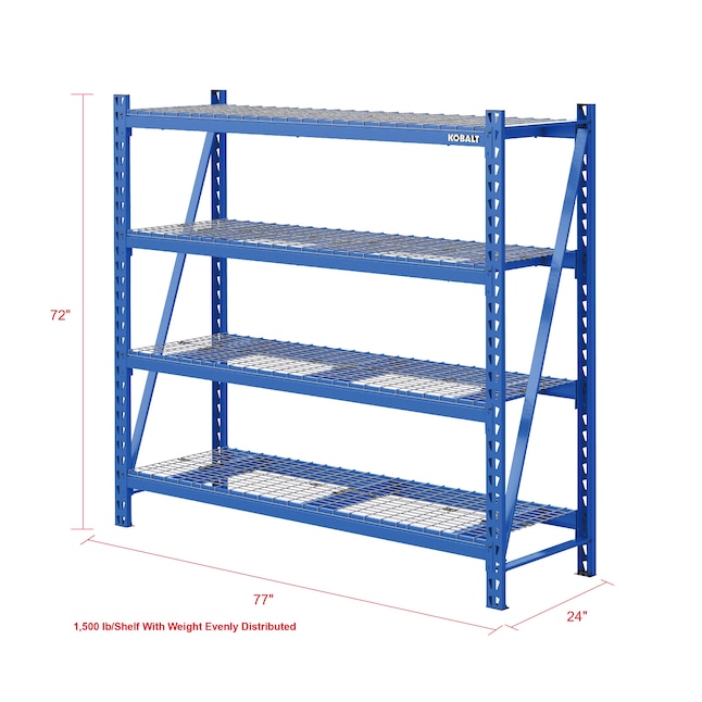 Estantería utilitaria de 4 niveles de acero empernado Kobalt de alta resistencia (77 pulgadas de ancho x 24 pulgadas de profundidad x 72 pulgadas de alto), (capacidad de 1500 libras por estante)
