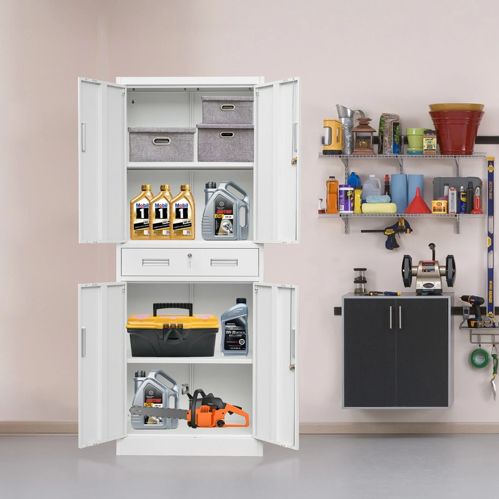 Gabinetes de almacenamiento de metal con cajones y estantes ajustables, gabinete de almacenamiento con cerradura