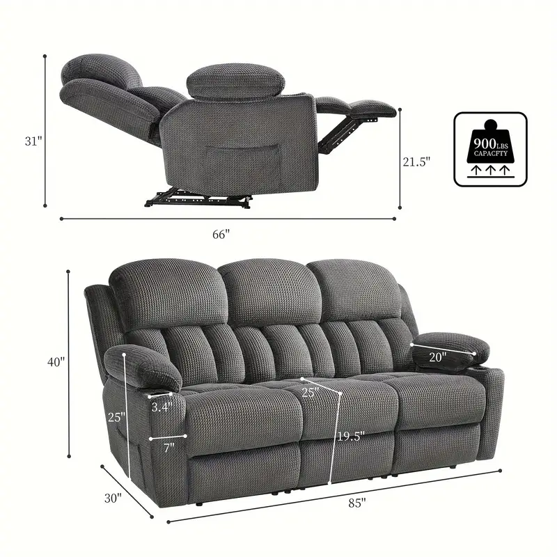 Sofá reclinable de 3 plazas, sofá de 85 pulgadas con portavasos para , sofá gris de gran tamaño con reclinable de doble respaldo. detalles 4