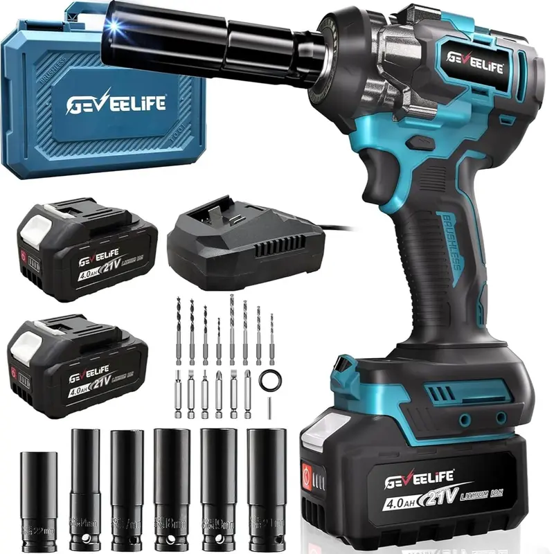 Llave de impacto sin escobillas 3 en 1 de 750 Nm, 1/2", inalámbrica, 3300 RPM, 2 baterías de 4,0 Ah, 6 vasos, para coches, bricolaje, muebles y cortacéspedes.