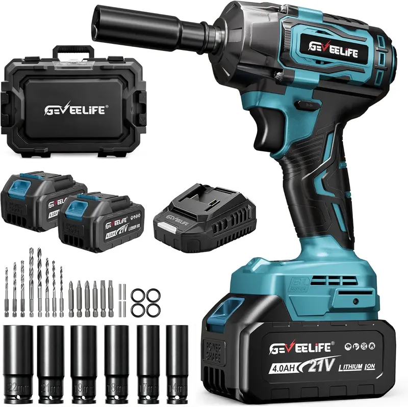 Llave de impacto sin escobillas 3 en 1 de 750 Nm, 1/2", inalámbrica, 3300 RPM, 2 baterías de 4,0 Ah, 6 vasos, para coches, bricolaje, muebles y cortacéspedes.