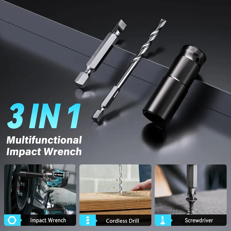 Llave de impacto sin escobillas 3 en 1 de 750 Nm, 1/2", inalámbrica, 3300 RPM, 2 baterías de 4,0 Ah, 6 vasos, para coches, bricolaje, muebles y cortacéspedes.
