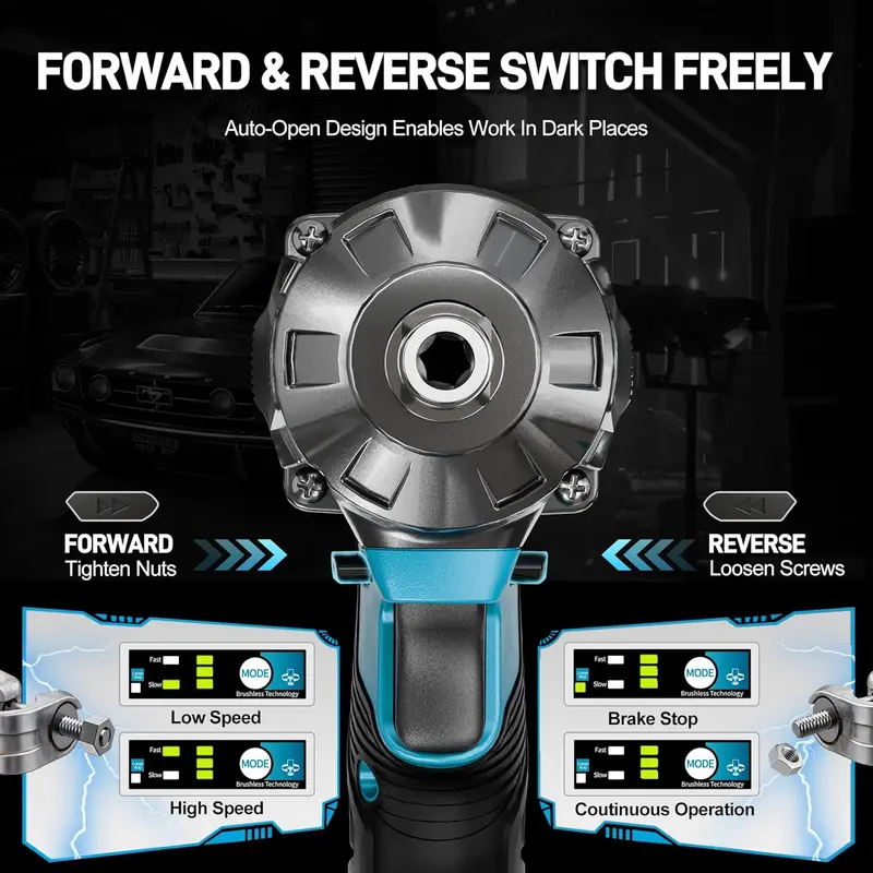 Llave de impacto sin escobillas 3 en 1 de 750 Nm, 1/2", inalámbrica, 3300 RPM, 2 baterías de 4,0 Ah, 6 vasos, para coches, bricolaje, muebles y cortacéspedes.