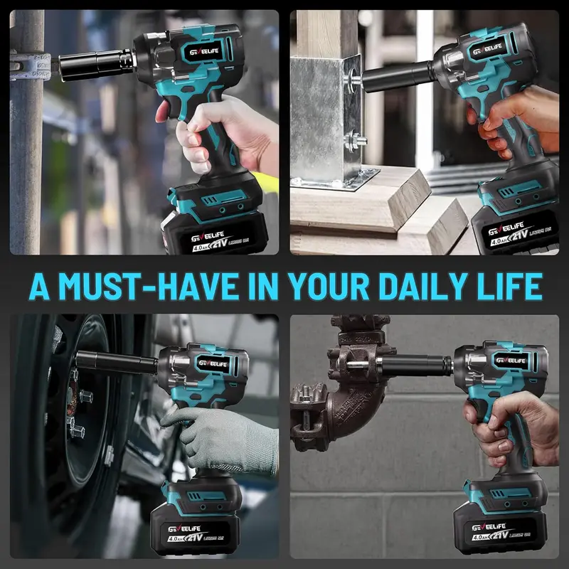 Llave de impacto sin escobillas 3 en 1 de 750 Nm, 1/2", inalámbrica, 3300 RPM, 2 baterías de 4,0 Ah, 6 vasos, para coches, bricolaje, muebles y cortacéspedes.