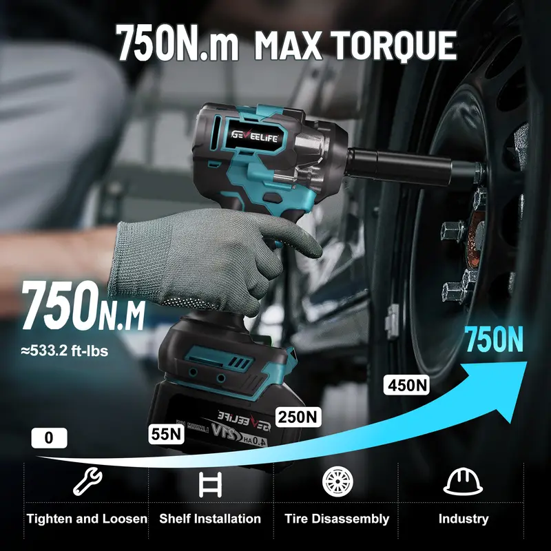Llave de impacto sin escobillas 3 en 1 de 750 Nm, 1/2", inalámbrica, 3300 RPM, 2 baterías de 4,0 Ah, 6 vasos, para coches, bricolaje, muebles y cortacéspedes.
