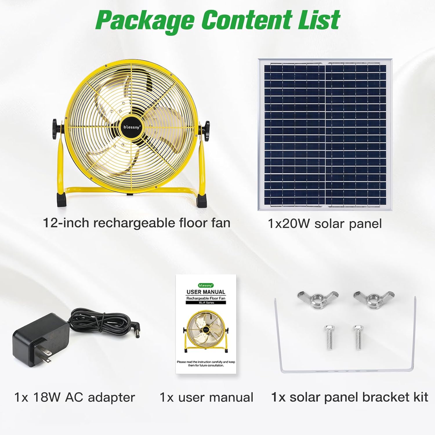 blessny Ventilador de piso recargable de 12 pulgadas con alimentación solar de 20 W, ventilador solar de 15000 mAh funciona con pilas para acampar al aire última intervensión, ventilador portátil