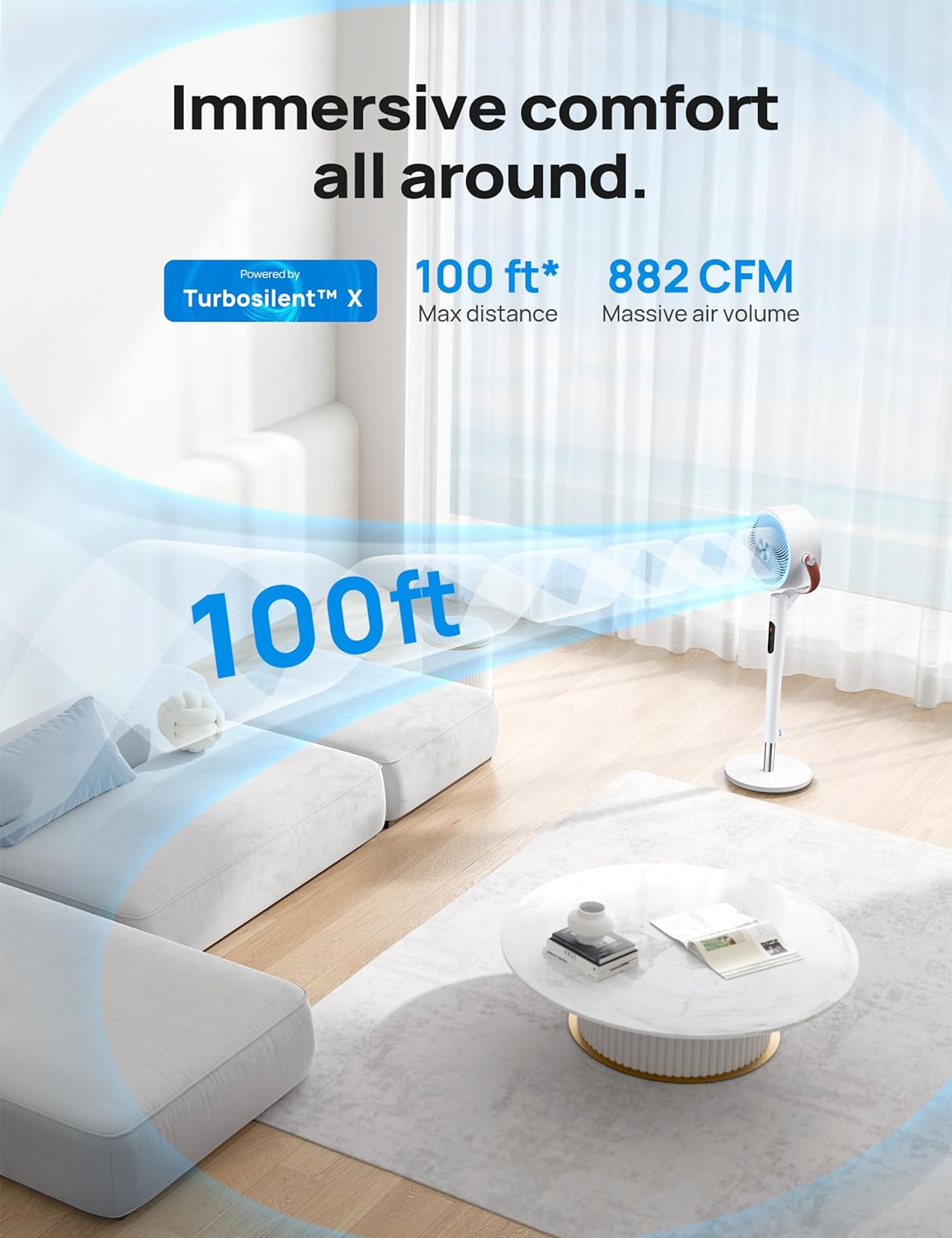 Dreo Pedestal Fan with Remote, PolyFan 513S, 43'' Quiet Standing Fan for Home Bedroom, 120°+105° Smart Oscillating Floor Fans with Wi-Fi/Voice Control, Works with Alexa/Google, 6 Modes, 8 Speeds