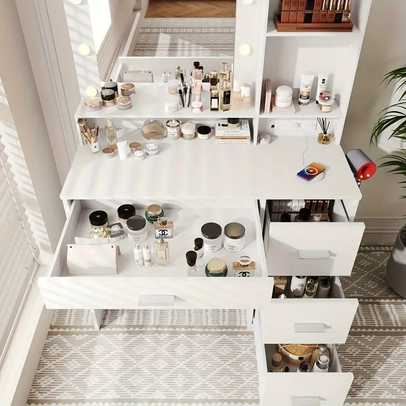 Tocador con luces y espejo, mesa de maquillaje con cajón y toma de corriente