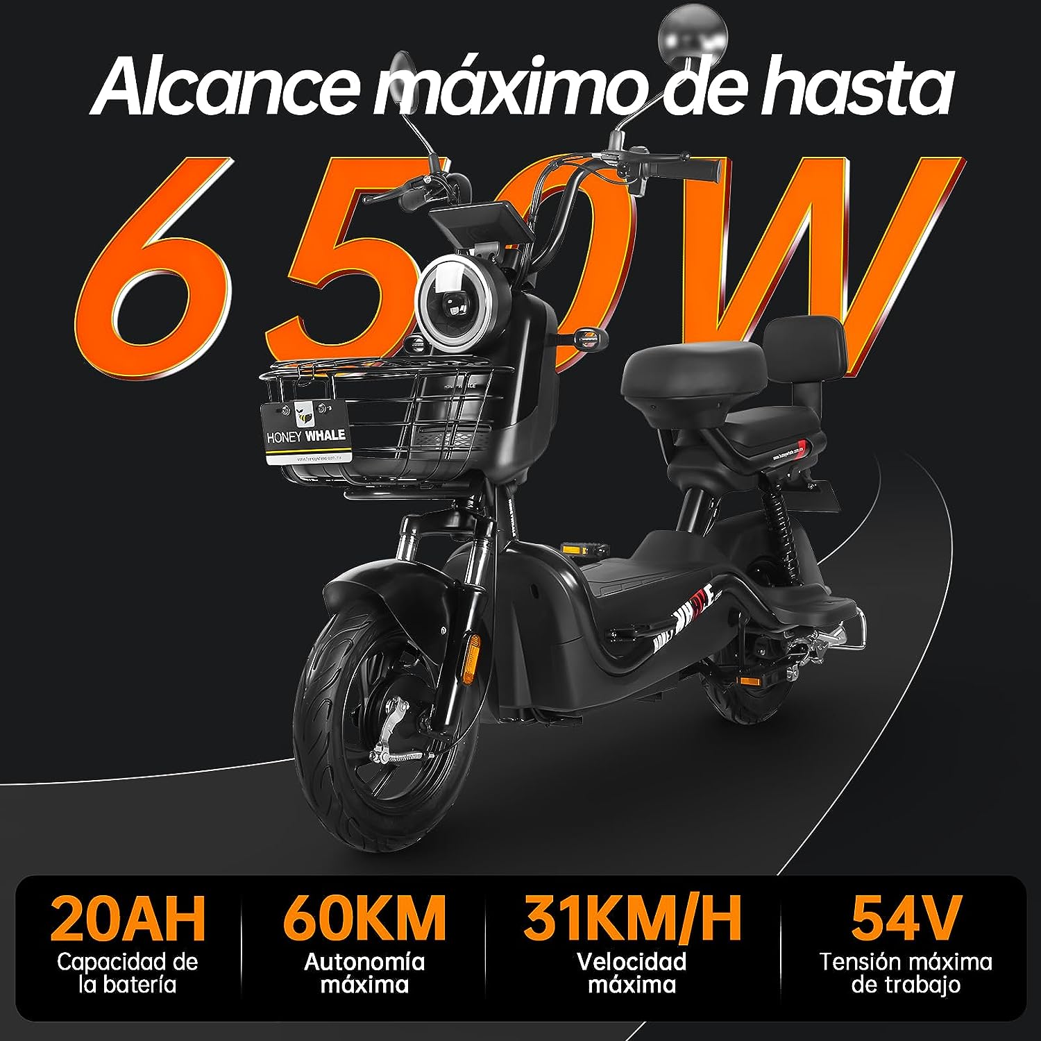 HONEYWHALE U3s Bicicleta eléctrica para adultos, bicicleta eléctrica con alarma, motor máximo 650W, velocidad máxima 31KM/H, autónoma 55-60KM, batería de gran capacidad 20AH, dos asientos----luces de coche
