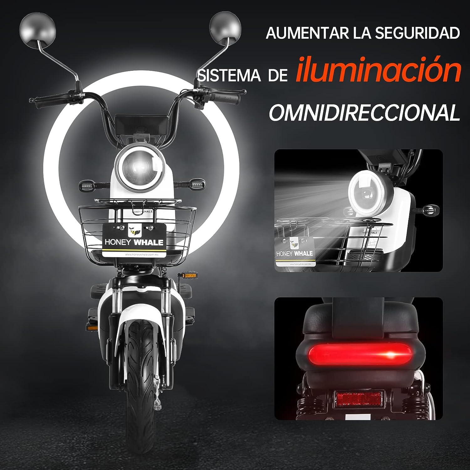 HONEYWHALE U3s Bicicleta eléctrica para adultos, bicicleta eléctrica con alarma, motor máximo 650W, velocidad máxima 31KM/H, autónoma 55-60KM, batería de gran capacidad 20AH, dos asientos----luces de coche