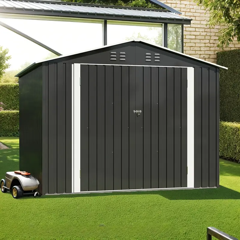 Cobertizo de almacenamiento exterior de 10'x10'FT, gran cobertizo de jardín, con techo inclinado y ventilación. Marco de puertas reforzadas y con cerradura actualizadas para cobertizo de metal para patio, patio trasero, garaje, césped, gris