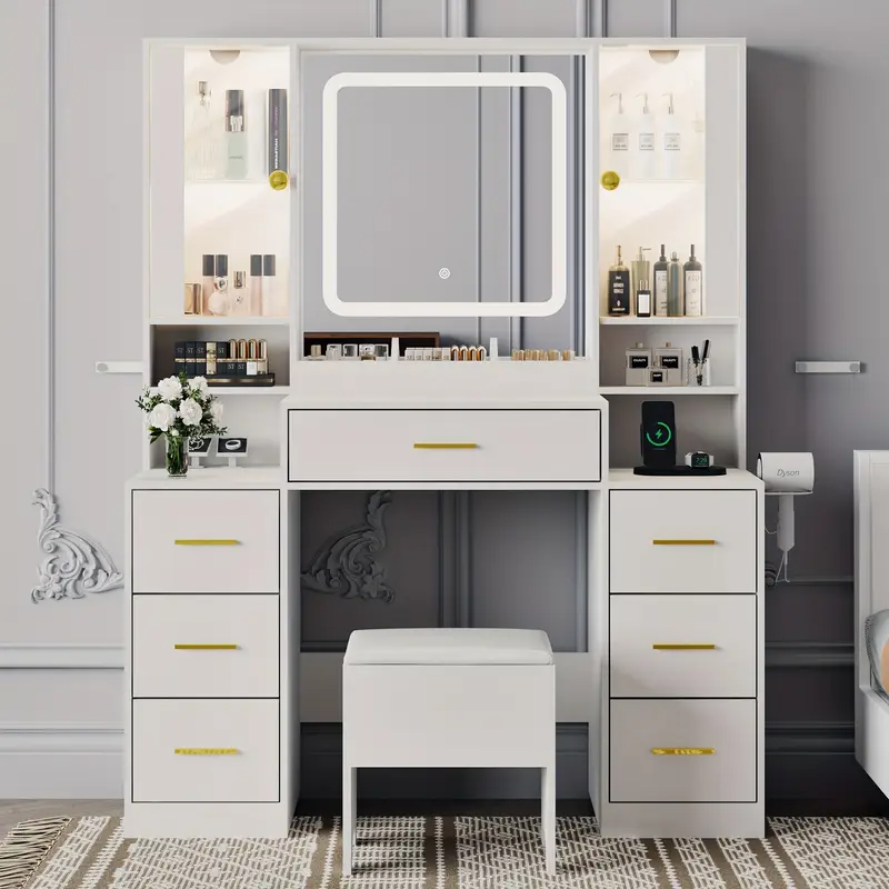 Espejo de tocador con luces Escritorio con silla y gabinete de vidrio LED, tocador con espejo iluminado y toma de corriente, tocador con 7 cajones