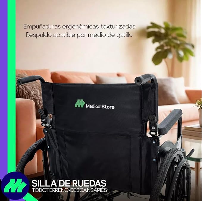 MEDICAL STORE Silla De Ruedas Ligera Adulto Mayor Todo Terreno Traslado Plegable Compacta Con Freno De Mano Rehabilitación Con Descansa Pies Abatible