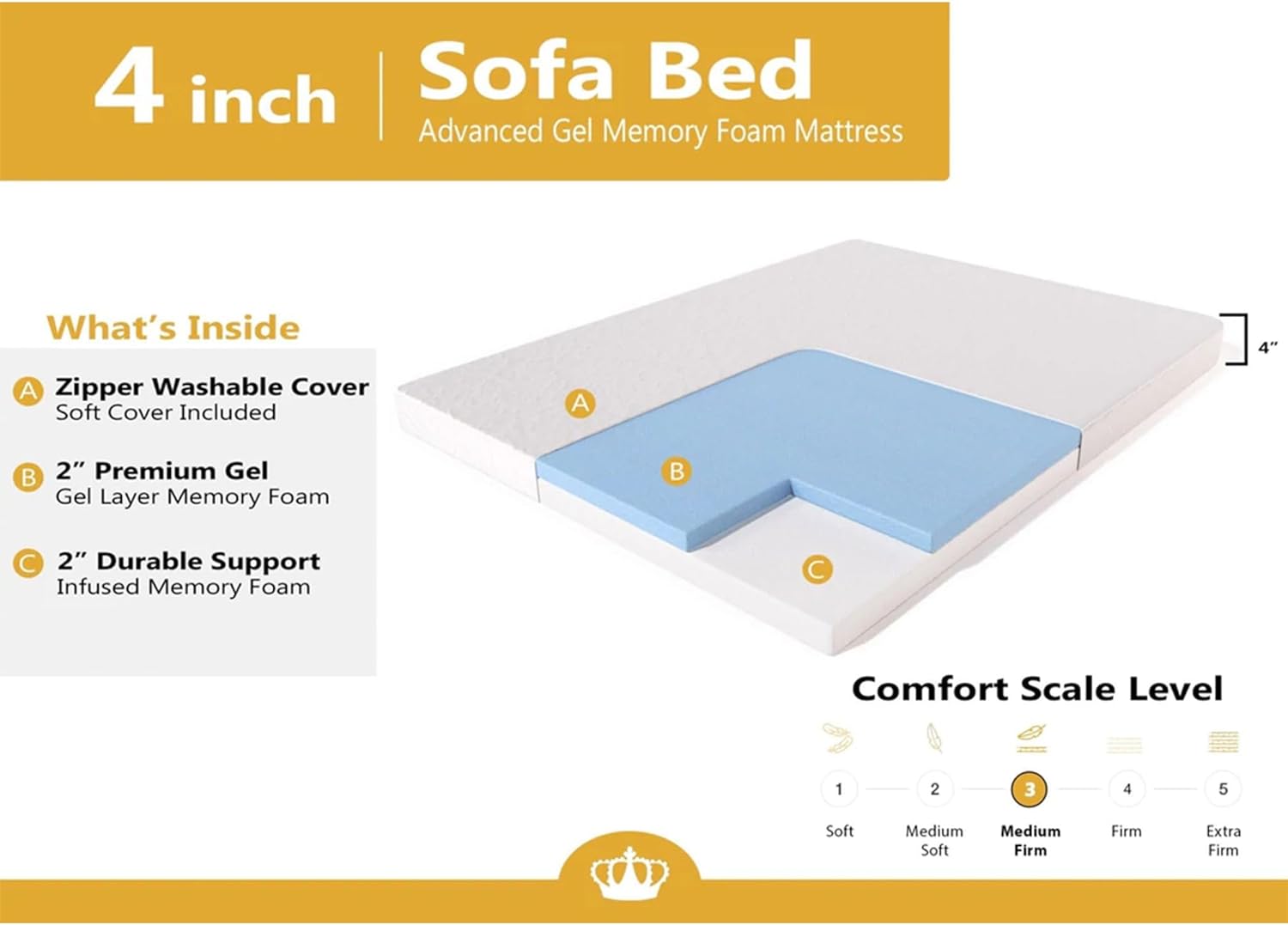 DynastyMattress Colchón de Espuma viscoelástica de Gel frío de 4 Pulgadas para sofá Plegable Convertible -almohada