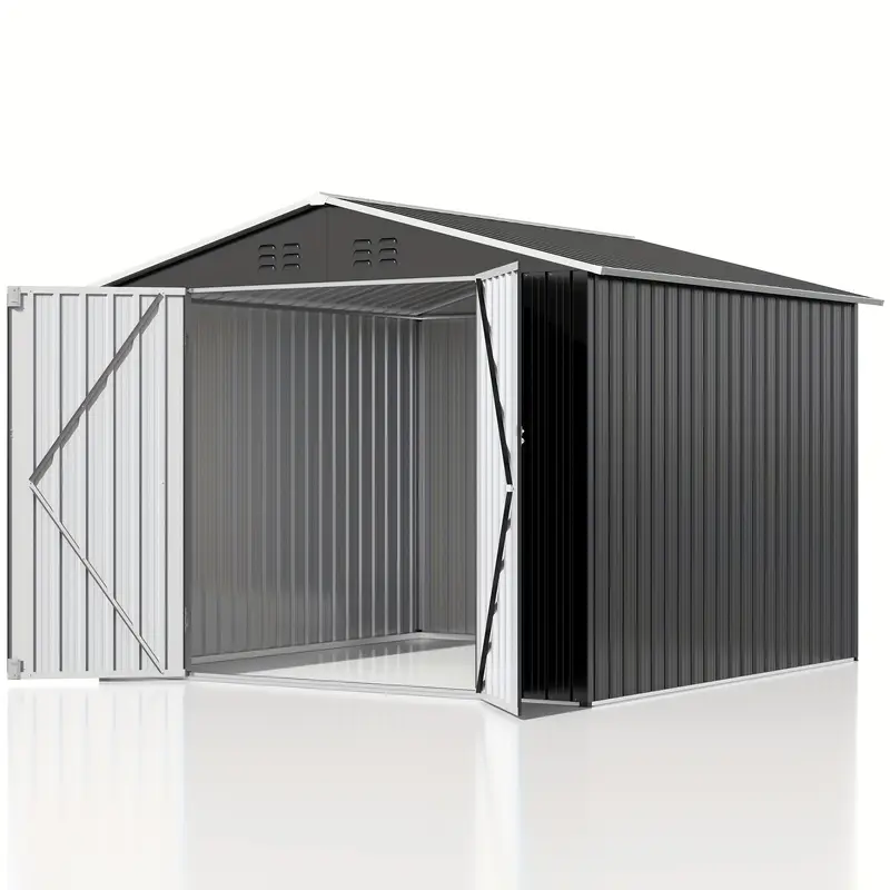 cobertizo de almacenamiento exterior de 10x10ft, gran cobertizo de jard&iacute;n, con techo inclinado y ventilaci&oacute;n. marco de puertas reforzadas y con cerradura actualizadas para cobertizo de metal para patio, patio trasero, garaje, c&eacute;sped,   detalles 4