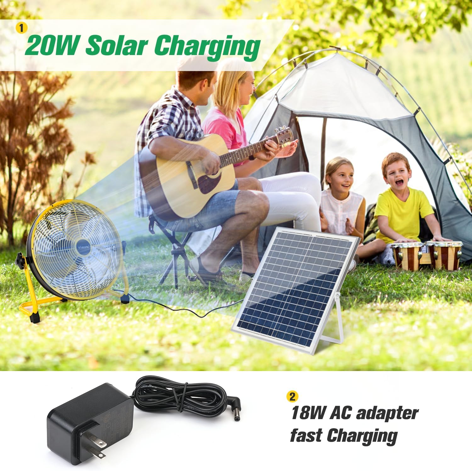 blessny Ventilador de piso recargable de 12 pulgadas con alimentación solar de 20 W, ventilador solar de 15000 mAh funciona con pilas para acampar al aire última intervensión, ventilador portátil