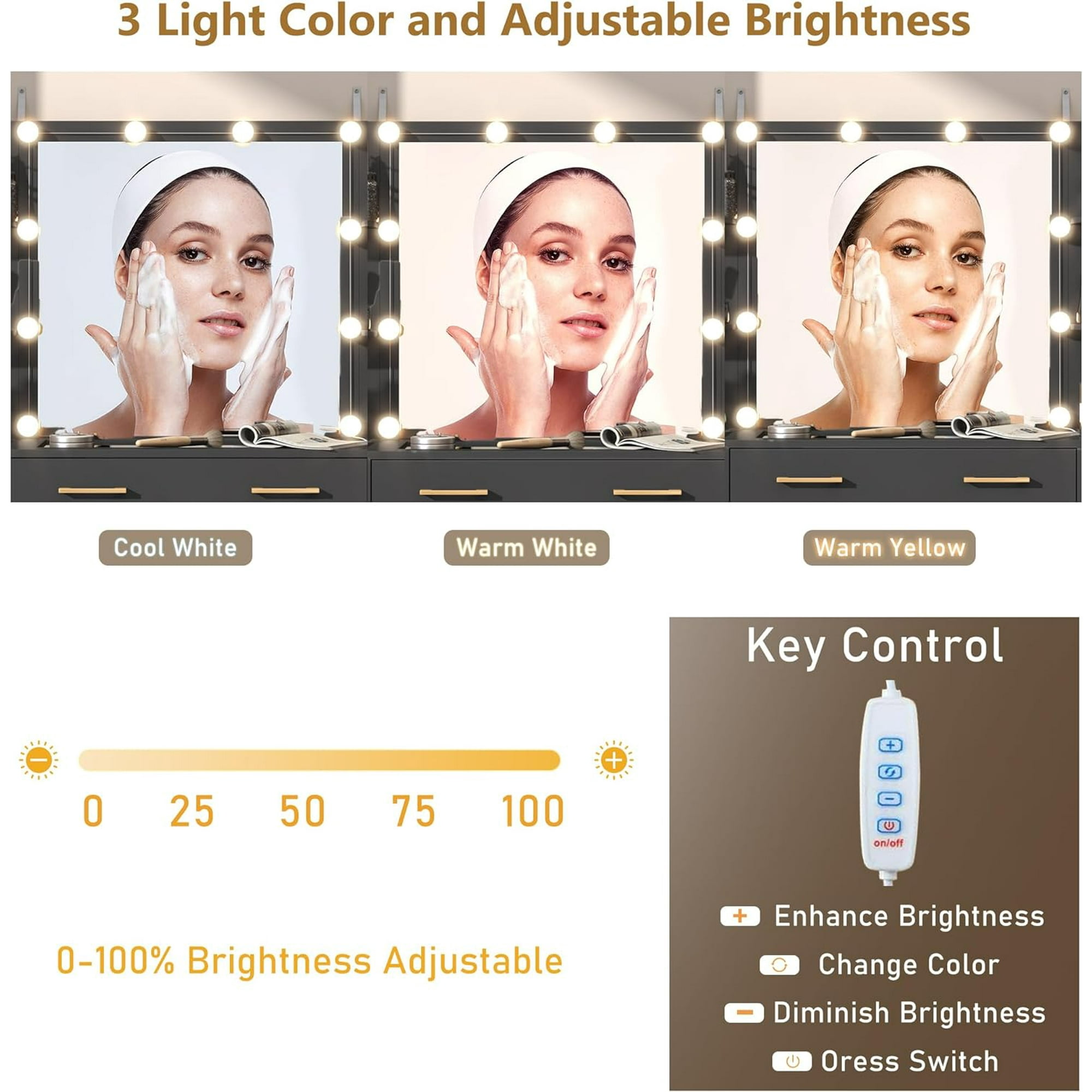 Tocador blanco con espejo y luces LED, tocador con tapa de cristal con estación de carga y cajones de almacenamiento con compartimentos, mesa de tocador de maquillaje grande con 9 cajones y 6 estantes