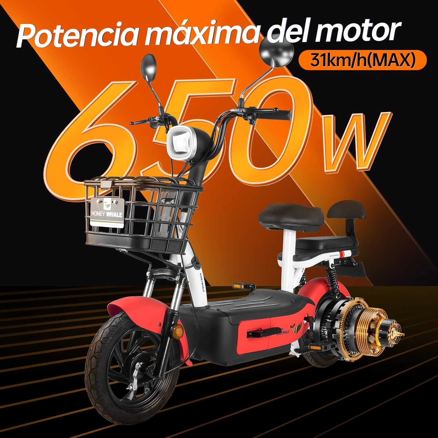 HONEYWHALE U1s Bicicleta Electrica para Adultos, Bicimoto Eléctrica con Alarma, Máxima del Motor 650W, Velocidad Máxima 31KM/H, Autonomía 60-65KM, Baterías de Gran Capacidad de 20AH, Dos Asientos