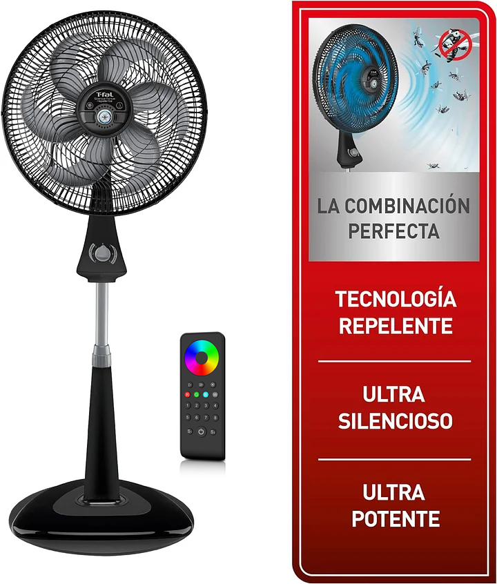 T-FAL Ventilador de pedestal T-fal Silence Force de 18" y 6 aspas con tecnología repelente. Ultra potente y silencioso, eficaz contra los mosquitos. 90 W de potencia-Mando a distancia táctil RS8 RGB/RGBW de 8 zonas