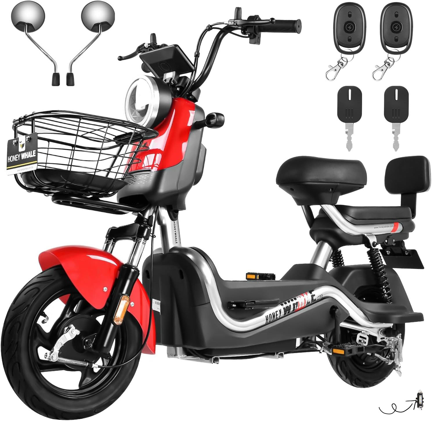 HONEYWHALE U3s Bicicleta eléctrica para adultos, bicicleta eléctrica con alarma, motor máximo 650W, velocidad máxima 31KM/H, autónoma 55-60KM, batería de gran capacidad 20AH, dos asientos----luces de coche