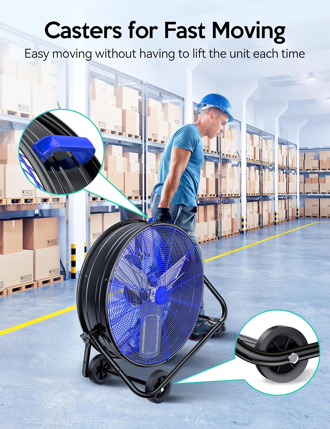 VAGKRI Ventilador Industrial de Tambor de 24 Pulgadas, Ventilador de Piso de Alta Velocidad de 320W, Circulador de Aire Metálico de 3 Velocidades para Trabajo Pesado, Inclinación de 360° con Mango