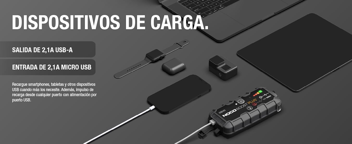 Cargar dispositivos. USB 2.1A de entrada y salida para cargar cualquier dispositivo móvil.