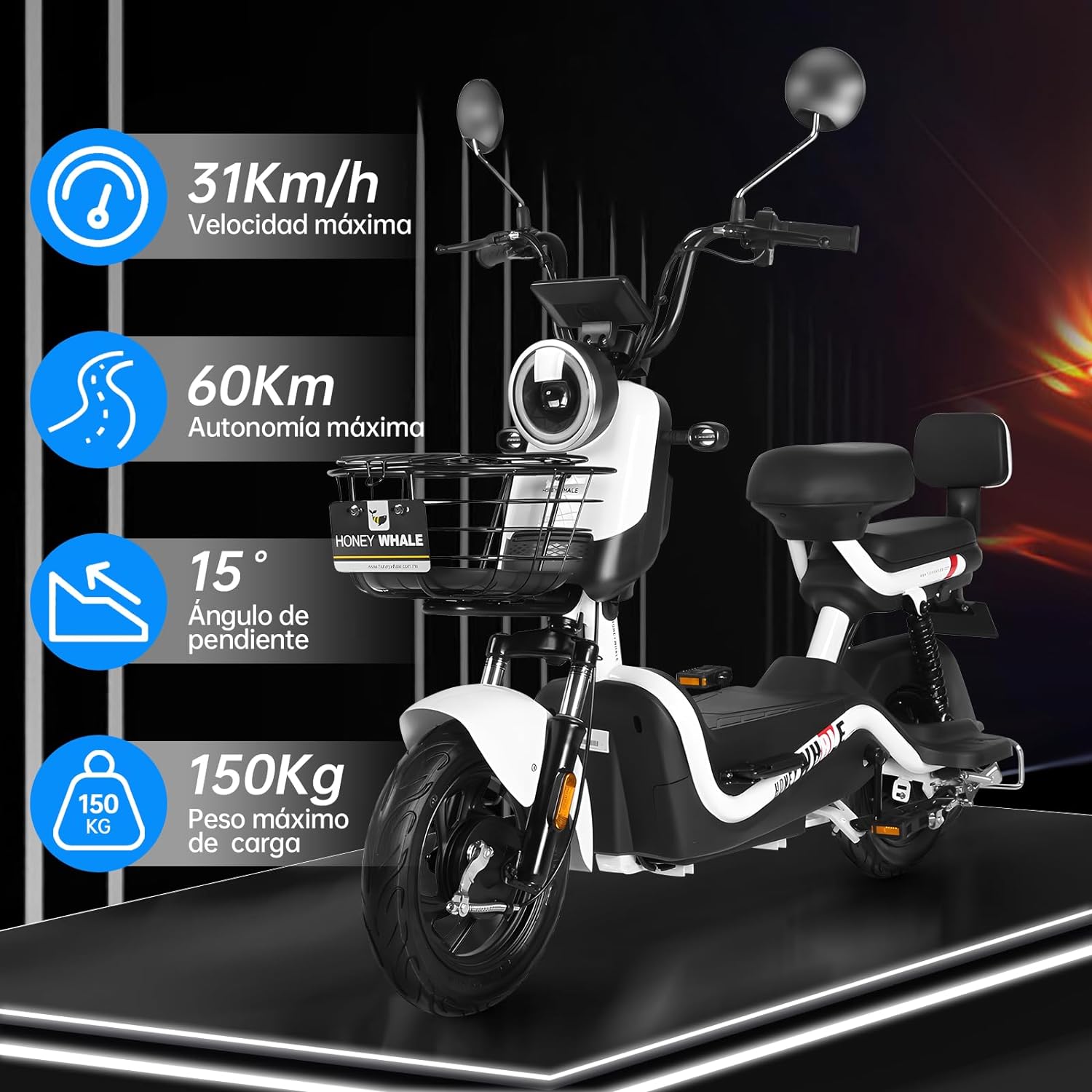 HONEYWHALE U3s Bicicleta eléctrica para adultos, bicicleta eléctrica con alarma, motor máximo 650W, velocidad máxima 31KM/H, autónoma 55-60KM, batería de gran capacidad 20AH, dos asientos----luces de coche