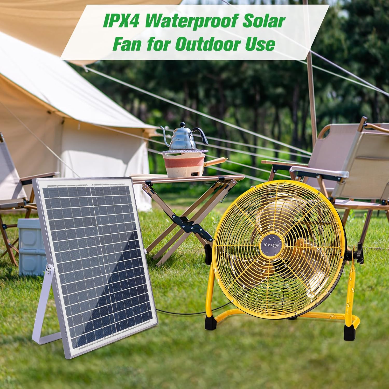 blessny Ventilador de piso recargable de 12 pulgadas con alimentación solar de 20 W, ventilador solar de 15000 mAh funciona con pilas para acampar al aire última intervensión, ventilador portátil