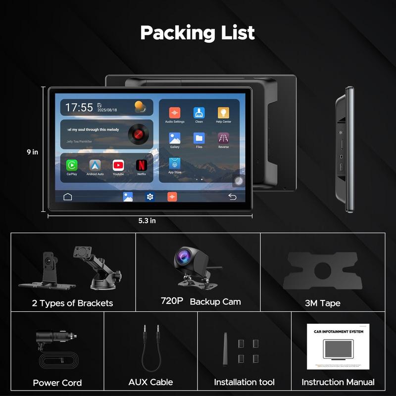 Pantalla inalámbrica CarPlay de 9" para autos antiguos: pantalla adicional para el tablero con Netflix/YouTube/TikTok integrados y kit de cámara de reversa 720P incluido, no requiere modificaciones del auto, funciona en autos, camionetas y SUV de 12-24V