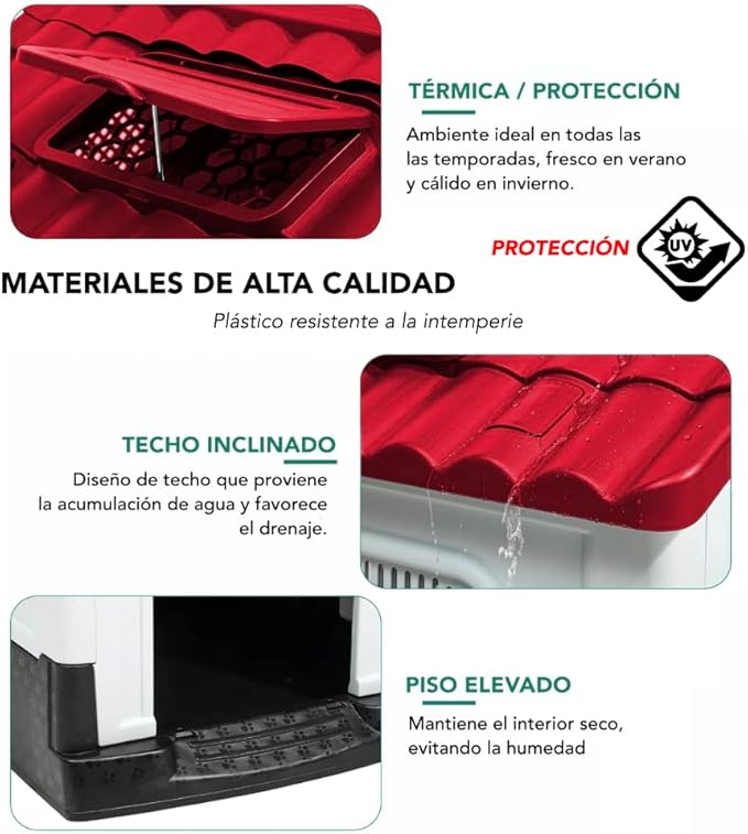 Q PERRON Casa para Perros Grande de Plástico con Puerta Métalica de 105 X 88 X 100 Cm. Amplia, Térmica, Impermeable con Ventilación, Piso Elevado, Fácil de Limpiar y Armar, Plegable.