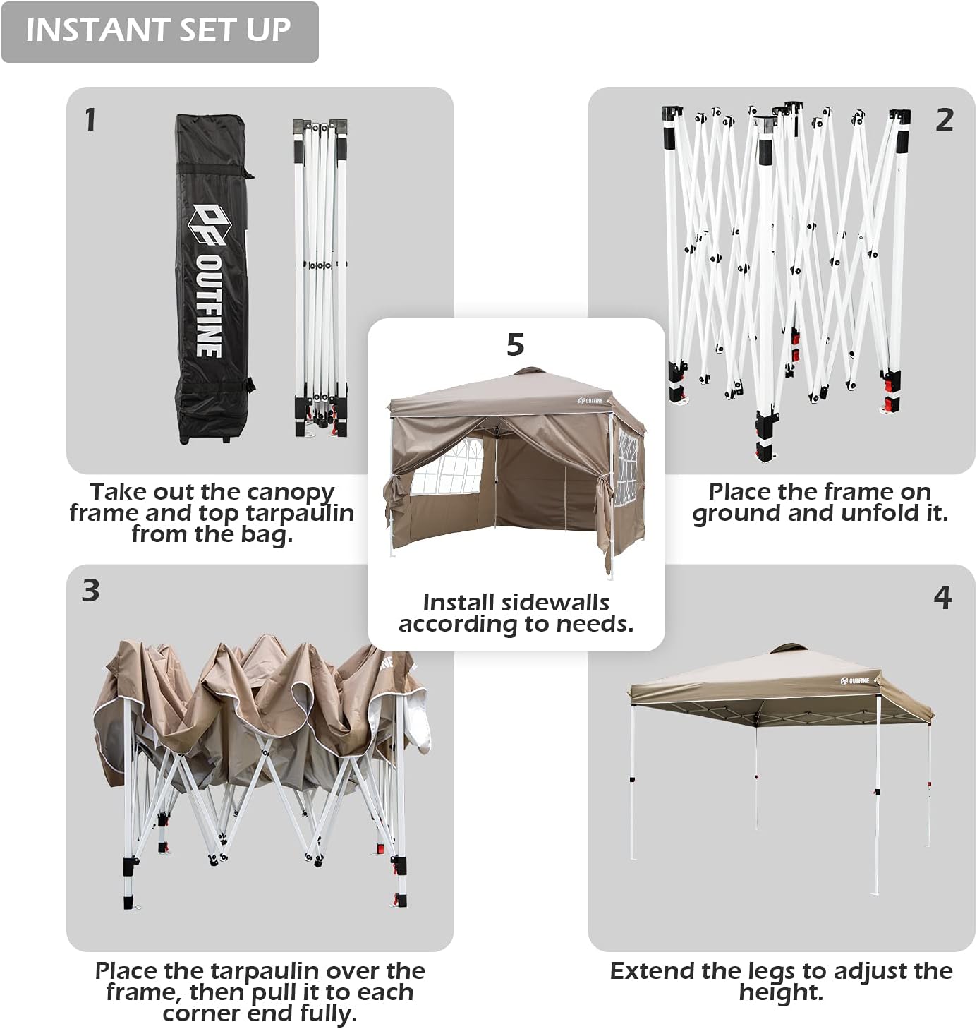 OUTFINE - Toldo desplegable de 10 x 10 pies, para cenador instantáneo, totalmente impermeable, toldos para fiestas al aire última intervensión con 4 paredes laterales extraíbles, estacas x 8, cuerdas x 4 (negro, 10 x 10 pies)