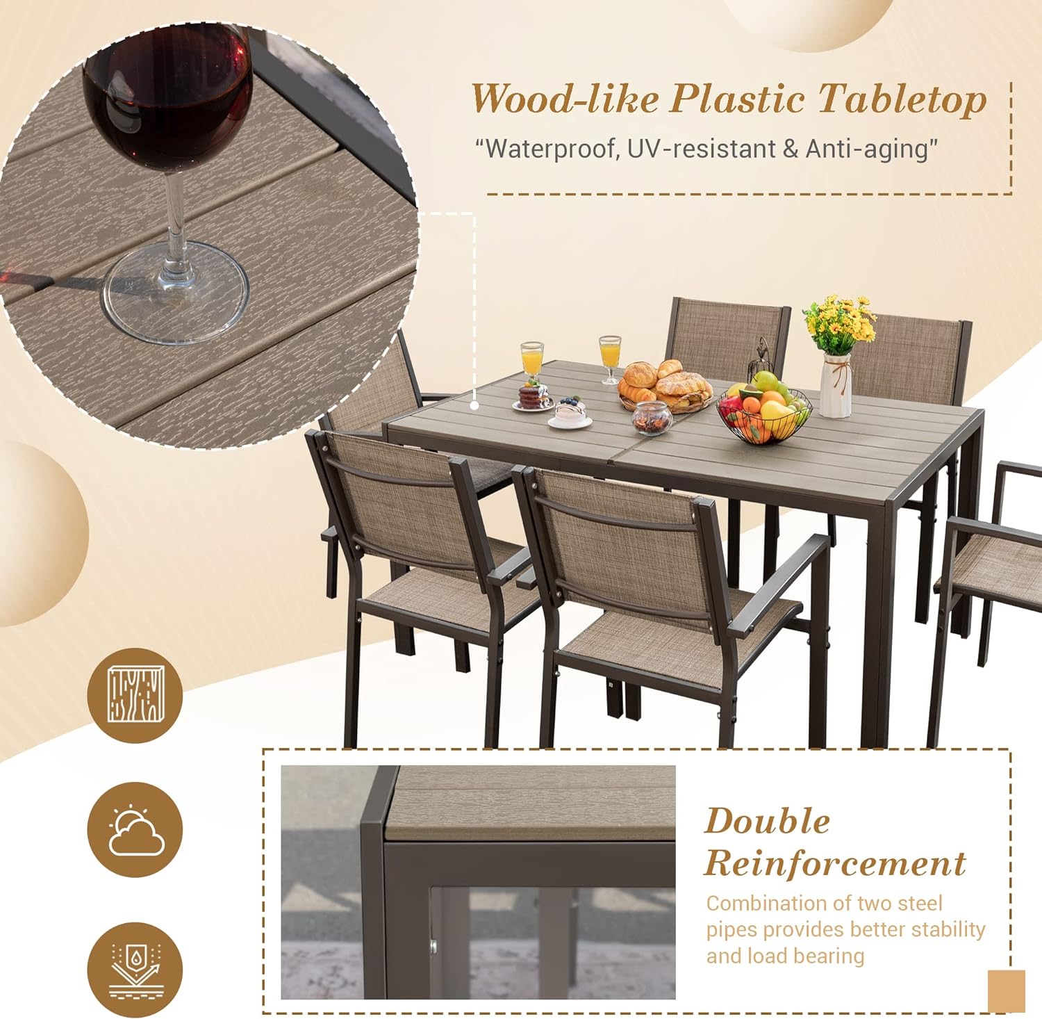 Juego de comedor para patio, 7 piezas, marco de metal, muebles de exterior con 6 sillas de textileno y mesa rectangular, juego de conversación de cocina familiar para patio trasero, césped, terraza (café)