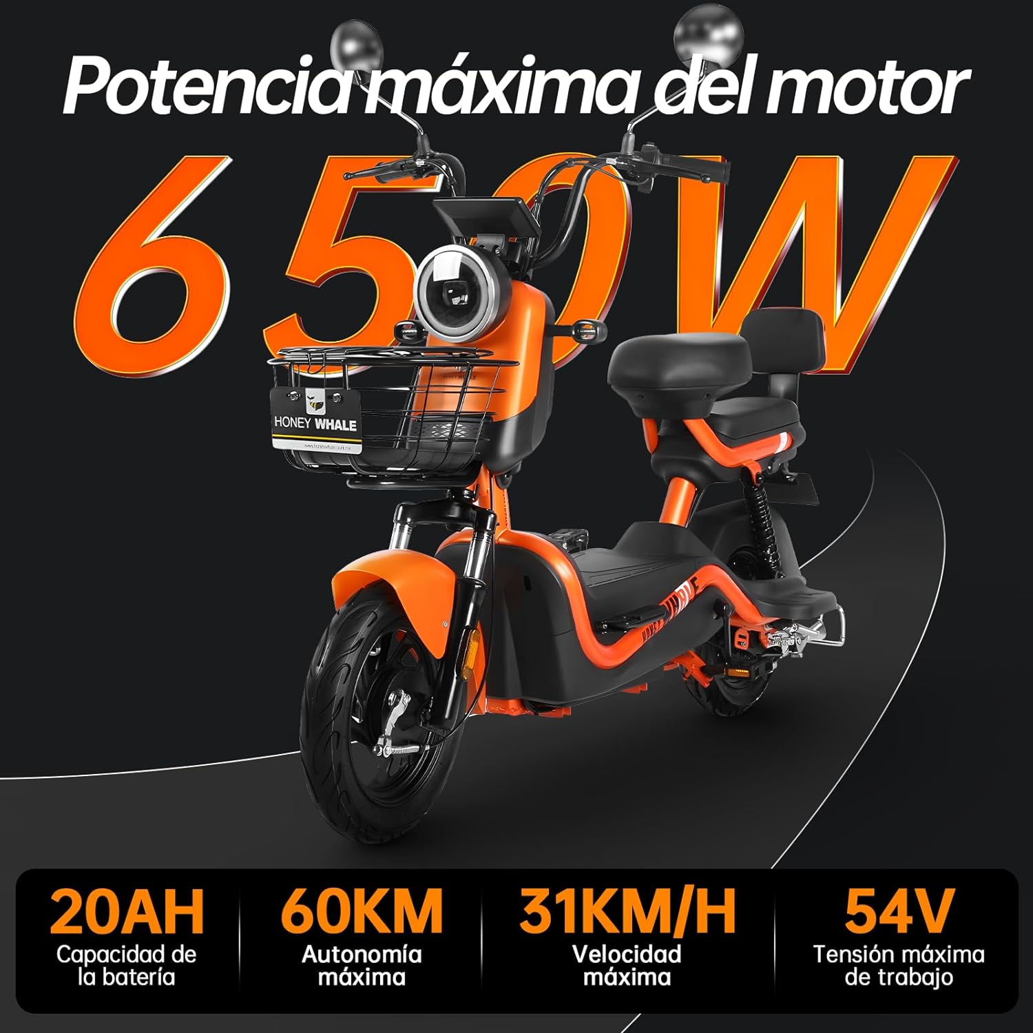HONEYWHALE U3s Bicicleta eléctrica para adultos, bicicleta eléctrica con alarma, motor máximo 650W, velocidad máxima 31KM/H, autónoma 55-60KM, batería de gran capacidad 20AH, dos asientos----luces de coche
