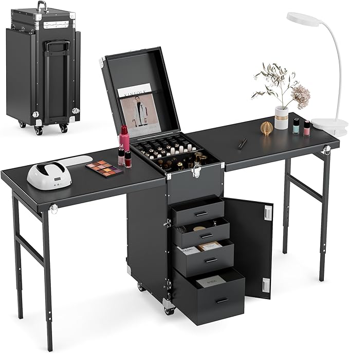 Icoget - computadora portátil para uñas, mesa plegable de manicura con rueda, estuche de maquillaje para enseñanza de uñas, 2 estuches para carros de cosméticos de computadora, color negro
