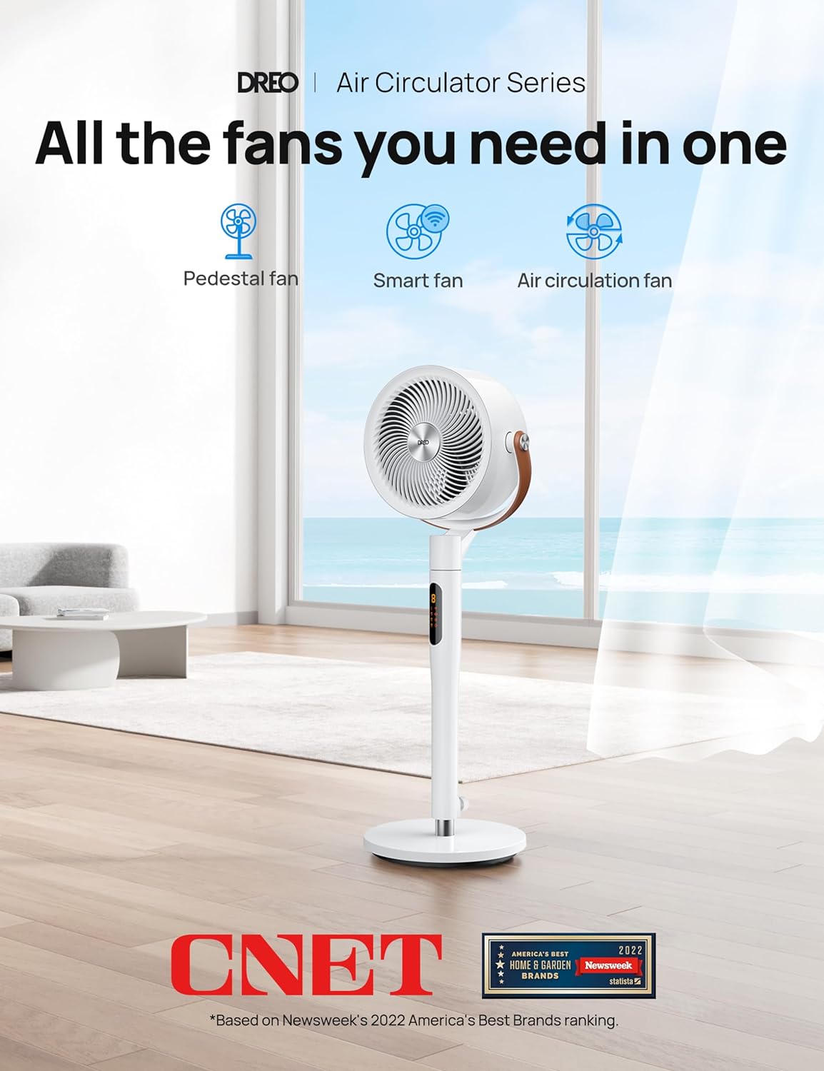 Dreo Pedestal Fan with Remote, PolyFan 513S, 43'' Quiet Standing Fan for Home Bedroom, 120°+105° Smart Oscillating Floor Fans with Wi-Fi/Voice Control, Works with Alexa/Google, 6 Modes, 8 Speeds