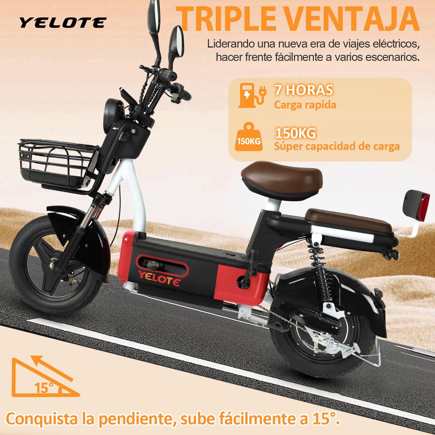 YELOTE Bicicleta Electrica Moto Electrica Velocidad Máxima 35KM/H,Autonomía 40-45KM,Baterías de Gran Capacidad de 20AH con Alarma