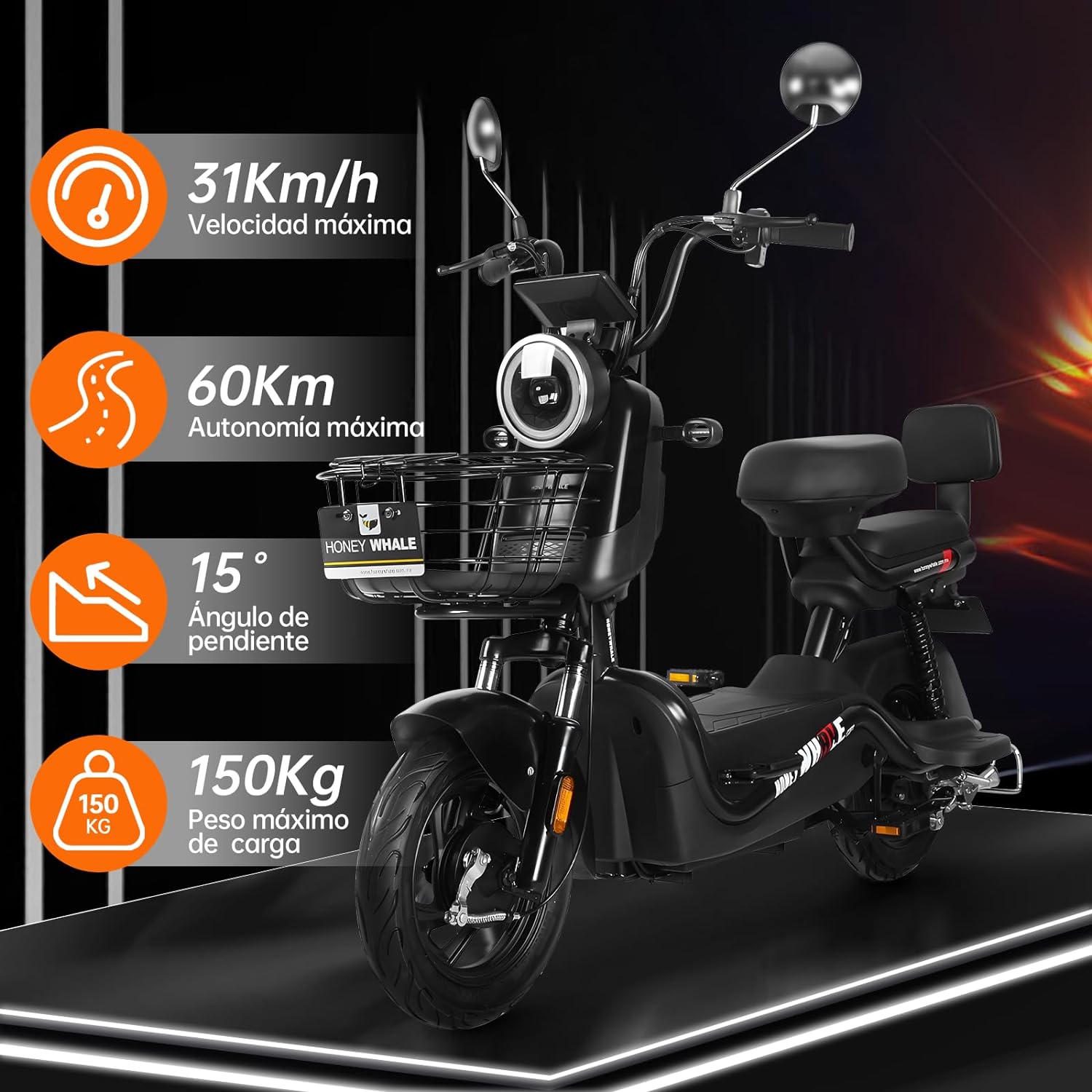 HONEYWHALE U3s Bicicleta eléctrica para adultos, bicicleta eléctrica con alarma, motor máximo 650W, velocidad máxima 31KM/H, autónoma 55-60KM, batería de gran capacidad 20AH, dos asientos----luces de coche