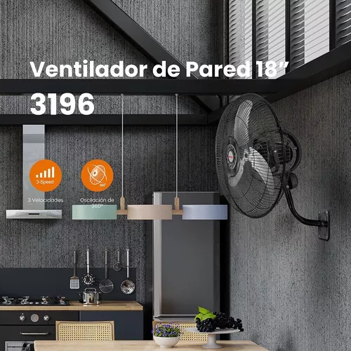 Ventilador Pared 18 Pulgadas Mytek 3196 Metálico/360° Oscil. Estructura Negro Aspas Plateado