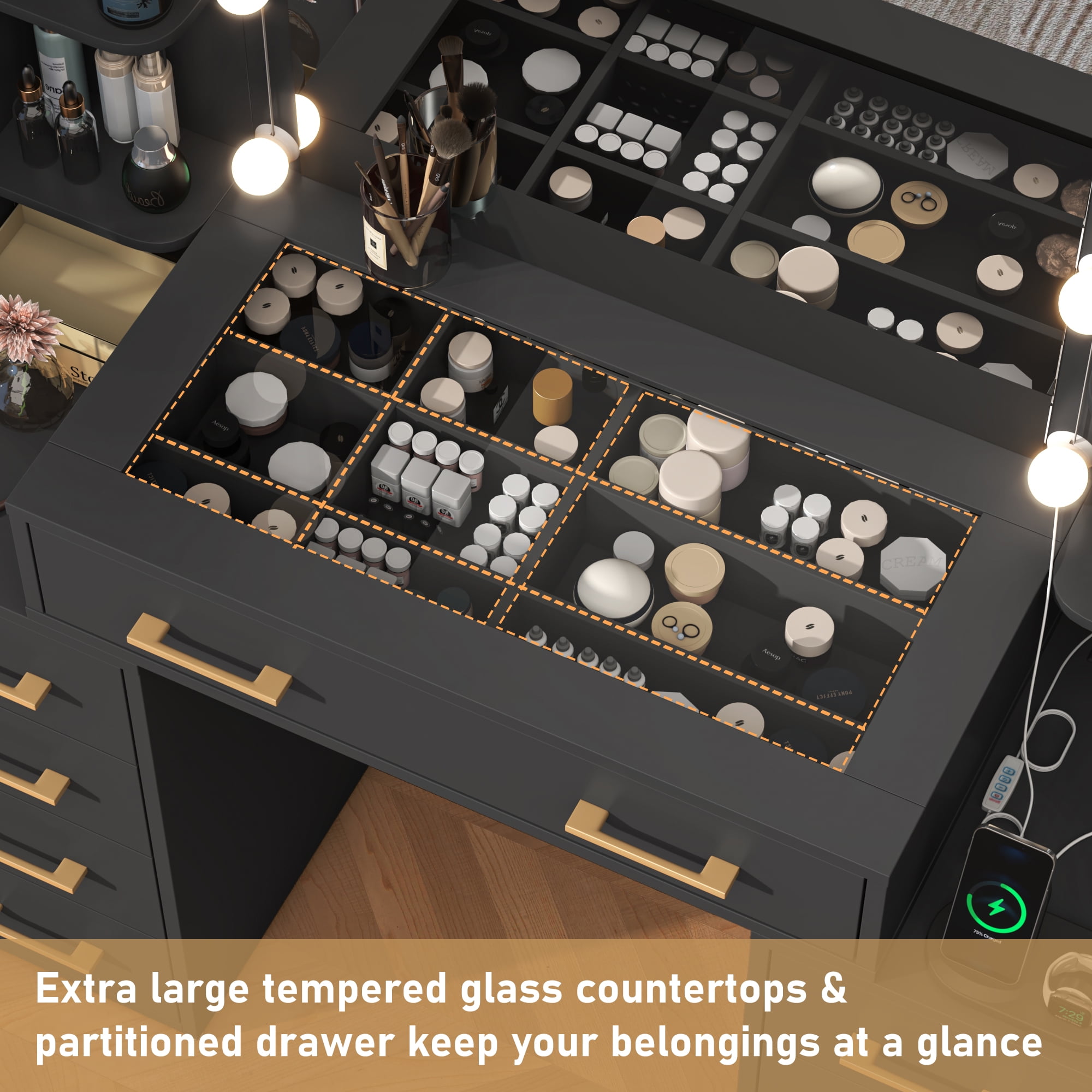 Tocador blanco con espejo y luces LED, tocador con tapa de cristal con estación de carga y cajones de almacenamiento con compartimentos, mesa de tocador de maquillaje grande con 9 cajones y 6 estantes