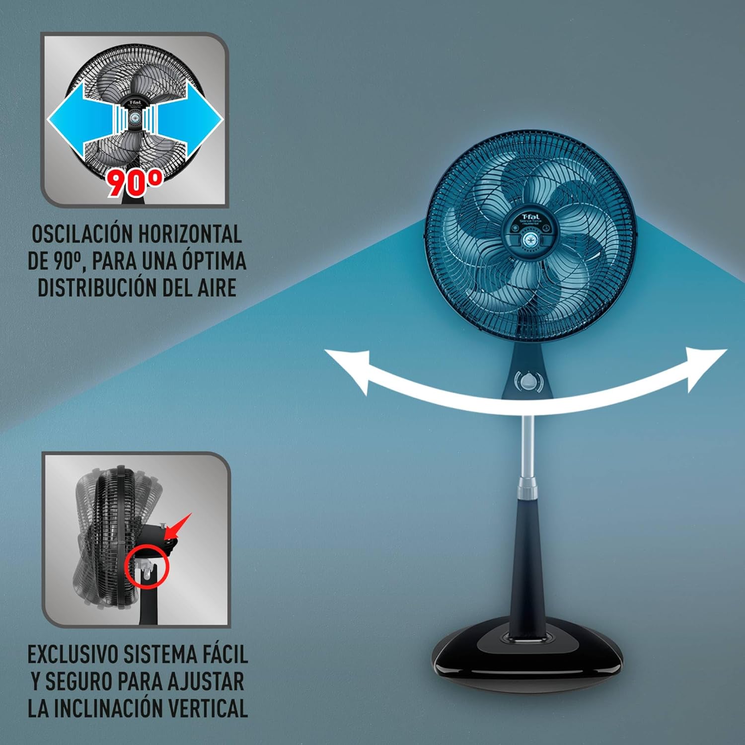 T-FAL Ventilador de pedestal T-fal Silence Force de 18" y 6 aspas con tecnología repelente. Ultra potente y silencioso, eficaz contra los mosquitos. 90 W de potencia-Mando a distancia táctil RS8 RGB/RGBW de 8 zonas