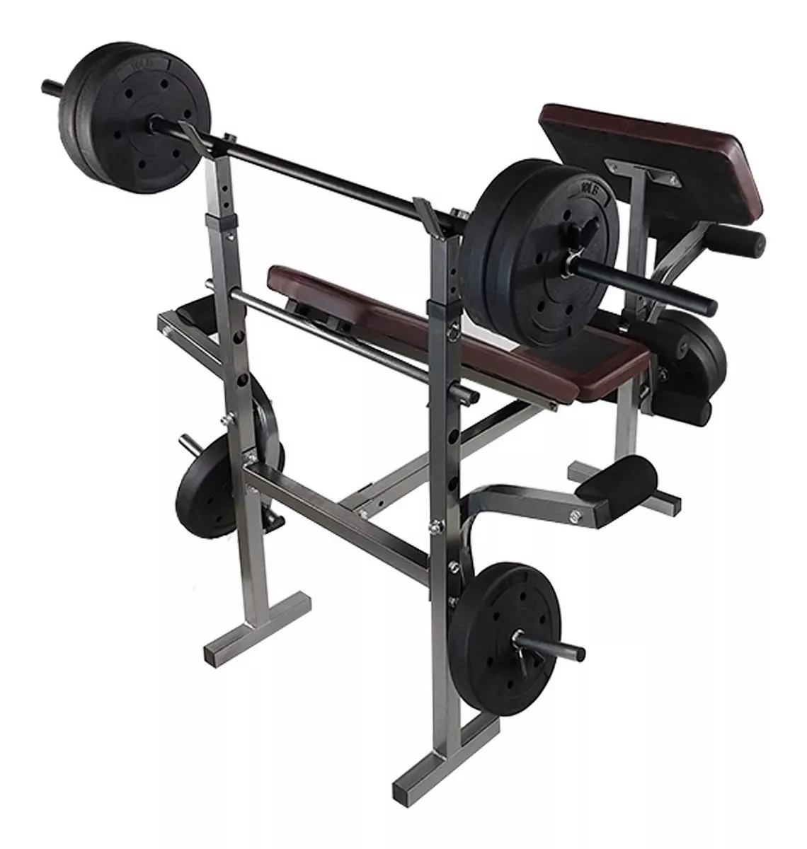 Banco Multiposiciones Kit Discos Gym Pesas Ejercicio Barra