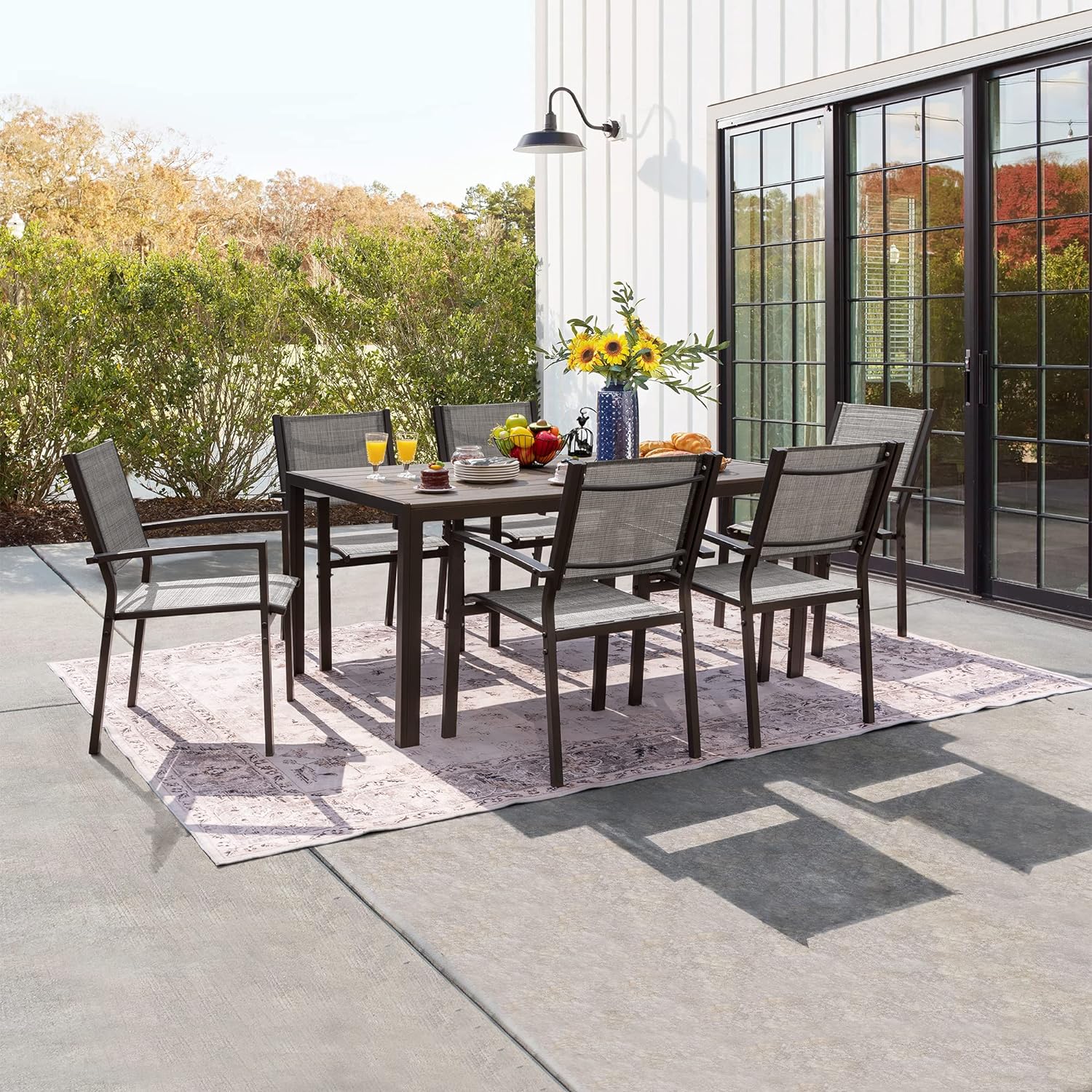 Juego de comedor para patio, 7 piezas, marco de metal, muebles de exterior con 6 sillas de textileno y mesa rectangular, juego de conversación de cocina familiar para patio trasero, césped, terraza (café)