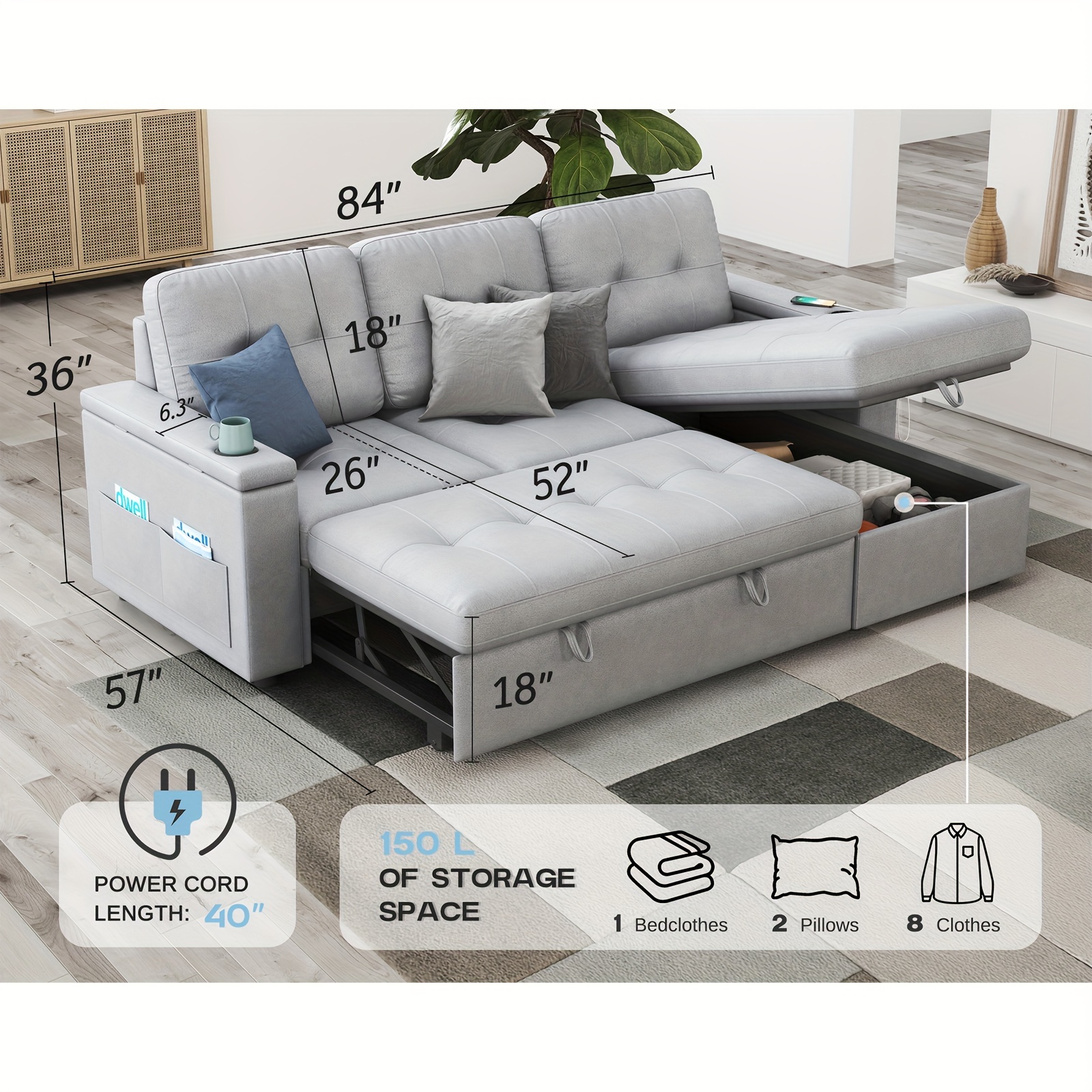 Sofá cama capitoné extra grande de 84" con almacenamiento - 2 puertos USB, portavasos, sillón reclinable en forma de L, estructura de madera maciza y estilo contemporáneo - Gris claro- Cojines